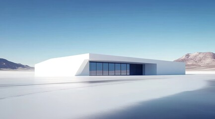 Fototapeta premium Modern minimalist building with large windows set against a stark, snowy landscape under a clear blue sky.