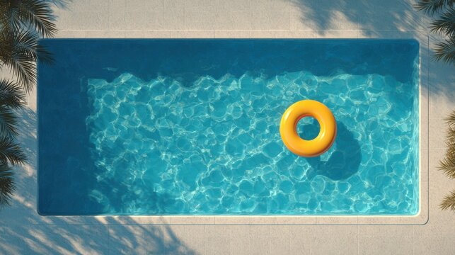 Top-down view of an empty swimming pool, lone inflatable ring in the corner, calm and serene, photorealistic lighting