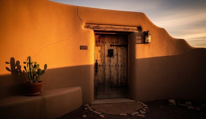 Obraz premium Detail of curved adobe wall with rustic wooden door in Santa Fe style, warm desert tones.