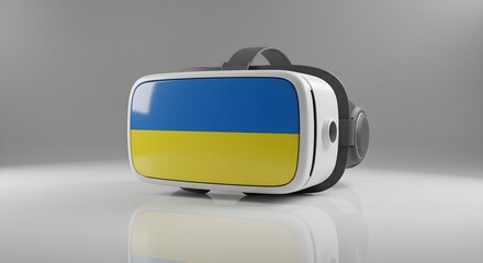 A virtual reality headset with the Ukrainian flag design is set against a clean, minimalistic background, offering a modern patriotic statement.