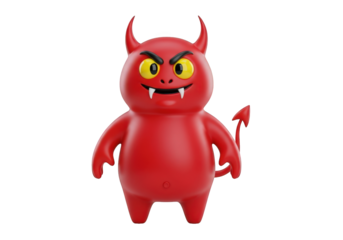 Cartoon Devil Character with Angry Expression A 3D Rendering of a Mischievous Red Demon with Horns and Tail Perfect for Halloween or Fantasy Themes