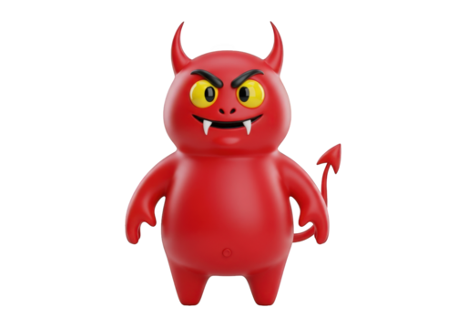 Cartoon Devil Character with Angry Expression A 3D Rendering of a Mischievous Red Demon with Horns and Tail Perfect for Halloween or Fantasy Themes