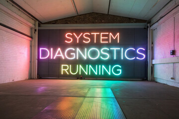 System diagnostics running neon sign in garage with colorful reflections