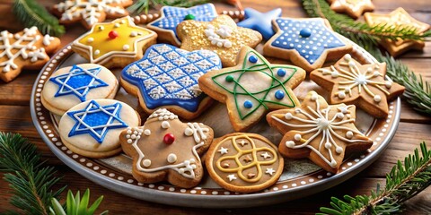 Hanukkah cookies decorated with stars and traditional symbols on a plate