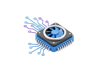 3D Computer Chip with Cooling Fan and Circuitry on Transparent Background, Representing Technology, Computing, and Electronic Components for Modern Devices