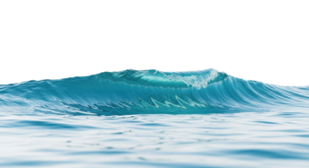 Gentle translucent aqua and cerulean blue ocean waves with smooth undulations and soft rolling movement, appearing as a singular object against a pure seamless bright white background with copy
