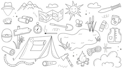 Hand drawn camping and hiking set