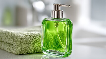 Green liquid soap dispenser on a light green towel.