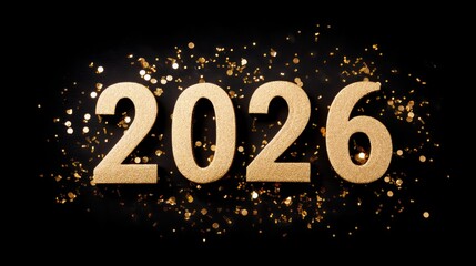 Elegant flat lay of golden "2026" numerals surrounded by sparkling confetti and light glitters on a dark matte background, perfect for new year celebrations or future planning with space for seasonal