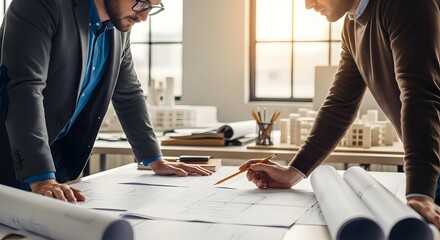 Two architects collaborating over blueprints, reviewing plans and architectural models in a bright office.