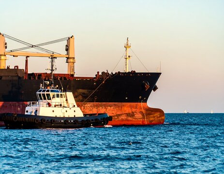 Cargo ship and tugboat at sea