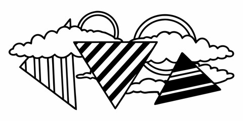 Naklejka premium Illustration of striped triangles with clouds and suns in a black and white abstract design