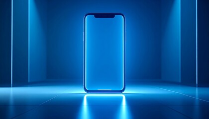 Futuristic mobile device display in glowing blue, ideal for modern tech