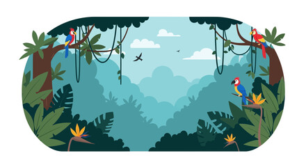 Lush Jungle Scene with Colorful Macaws and Tropical Foliage Illustration