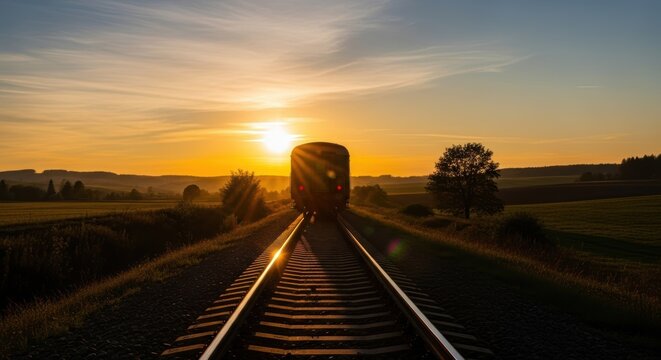train silhouette at sunset on railway tracks