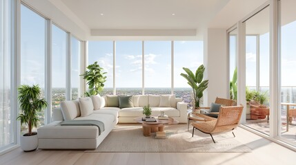 Fototapeta premium Large white living room with a couch, a coffee table, and a few potted plants.