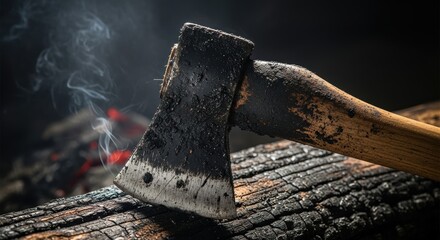 dirty axe stuck in a charred log with smoke and embers