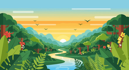 Serene jungle landscape with winding river under soft sunset light illustration