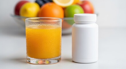 Fototapeta premium orange juice and supplement bottle with fresh fruits for health