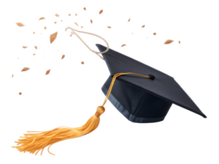 Graduation cap tossed in air with confetti against black background