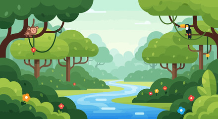 Stylized jungle illustration with exotic wildlife and flowing river scenery
