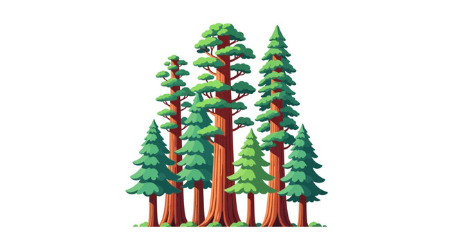 Stylized illustration displaying grove of redwood trees on a plain backdrop