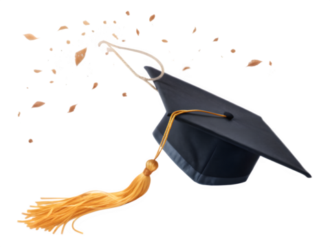 Graduation cap tossed in air with confetti against black background