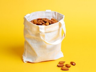 White canvas tote bag filled with almonds on a bright yellow background