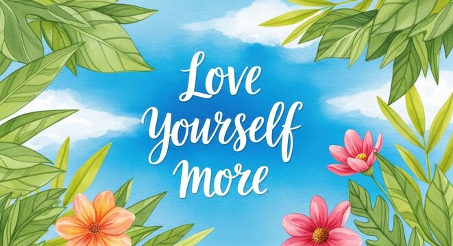 Love yourself more: inspiring floral design with positivity and self-care message against blue sky