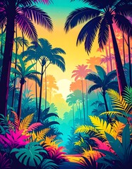 Vibrant tropical forest scene at sunrise.