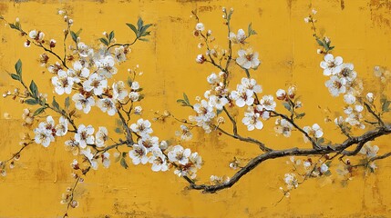 Flowering Branches on Yellow Textured Background