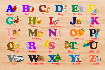Colourful Illustrated English Alphabet Chart with Cartoon Animals and Objects for Kids' Learning and Education