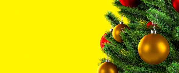 Close up of balls on christmas tree. Yellow background. New Year concept. 3D rendering illustration.