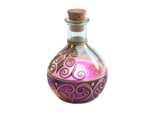 Ornate glass bottle with swirling pink potion and cork stopper
