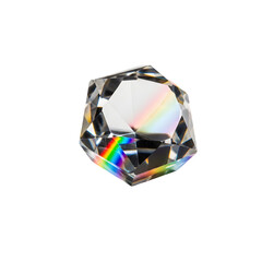 A faceted crystal prism refracts light, creating a spectrum of rainbow colors isolated on a transparent background
