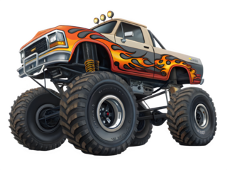Powerful monster truck with flame graphics on black background