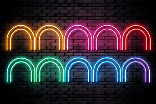 Neon Light Arch Set Glowing Rainbow Colors Brick Wall