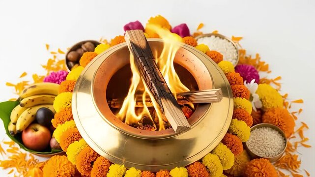 Golden Yagna Kund with Fiery Flames and Marigold Flowers Accompanied by Traditional Fruits and Rice on White Background for Auspicious Hindu Rituals