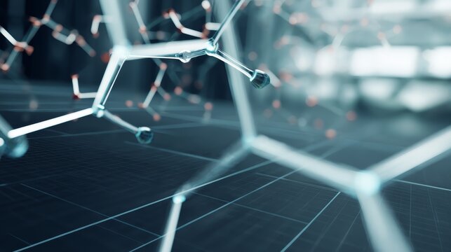 Luminous blue abstract 3d wireframe molecular structure glowing against dark futuristic grid background for science technology innovation