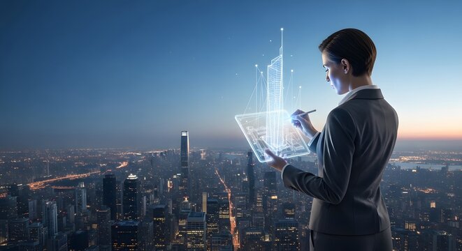 Architect designing futuristic skyscraper using holographic tablet, overlooking cityscape at dusk. - Powered by Adobe