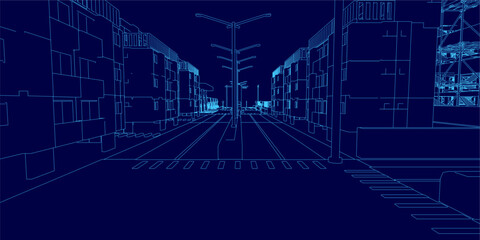 A city street at night glows under warm streetlights, with deep blue skies and towering buildings. Poles line the pavement, creating a striking urban contour.