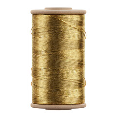 A spool of metallic gold sewing thread neatly wrapped around a wooden base, used for crafts, embroidery, and design.
