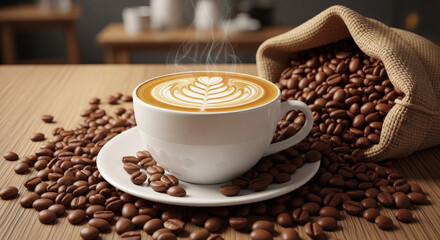 Fototapeta premium Steaming coffee cup adorned with latte art, surrounded by rich, aromatic coffee beans spilling from a burlap sack, creating a warm inviting ambiance.
