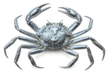Metallic crab sculpture lifting sharp claws against clear backdrop, symbolizing marine elegance and contemporary artistic design statement