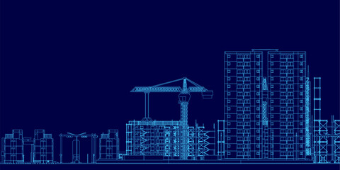 A detailed building blueprint features a prominent crane at the center, set against a dark blue background. The architectural design includes various shapes, visible windows, and doors.