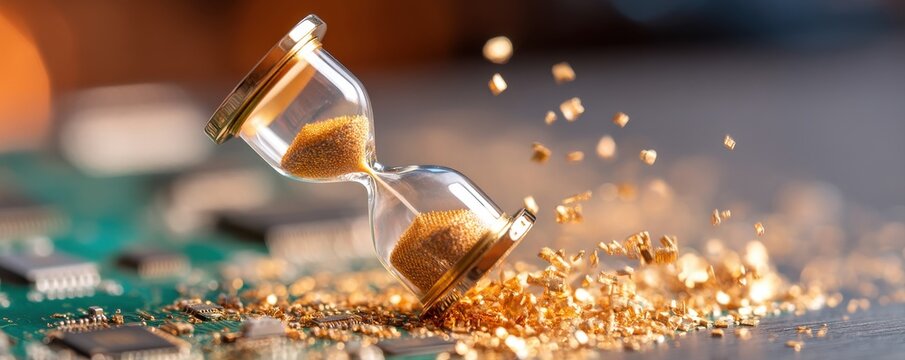 Hourglass spilling golden particles on a circuit board, symbolizing time and technology.