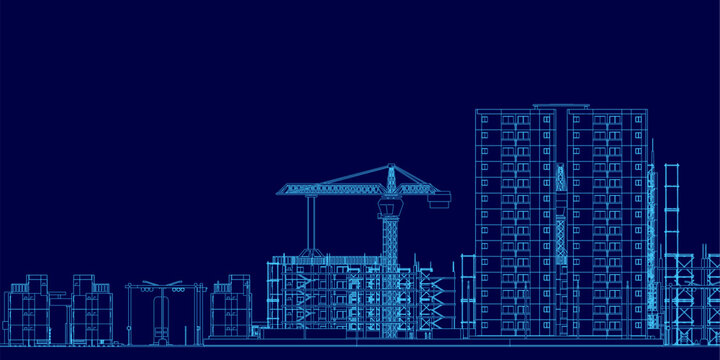 A detailed building blueprint features a prominent crane at the center, set against a dark blue background. The architectural design includes various shapes, visible windows, and doors.