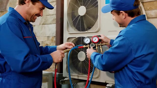 Two professional technicians in blue uniforms working together to repair an outdoor air conditioner unit, representing hvac service, maintenance, and technical teamwork
