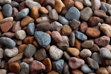 A textured pile of smooth multicolored river stones fills the frame