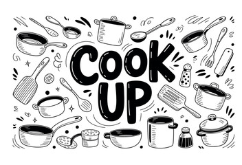 Whimsical kitchen doodle featuring a bold Cook Up centerpiece surrounded by pots pans ladles spoons and utensils, capturing playful culinary creativity and vibrant cooking energy